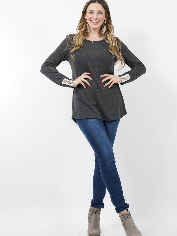 .SI-11584 PLUS SIZE Sleeve and Back Crochet Button Detailed Tunic for wholesale by 42POPS