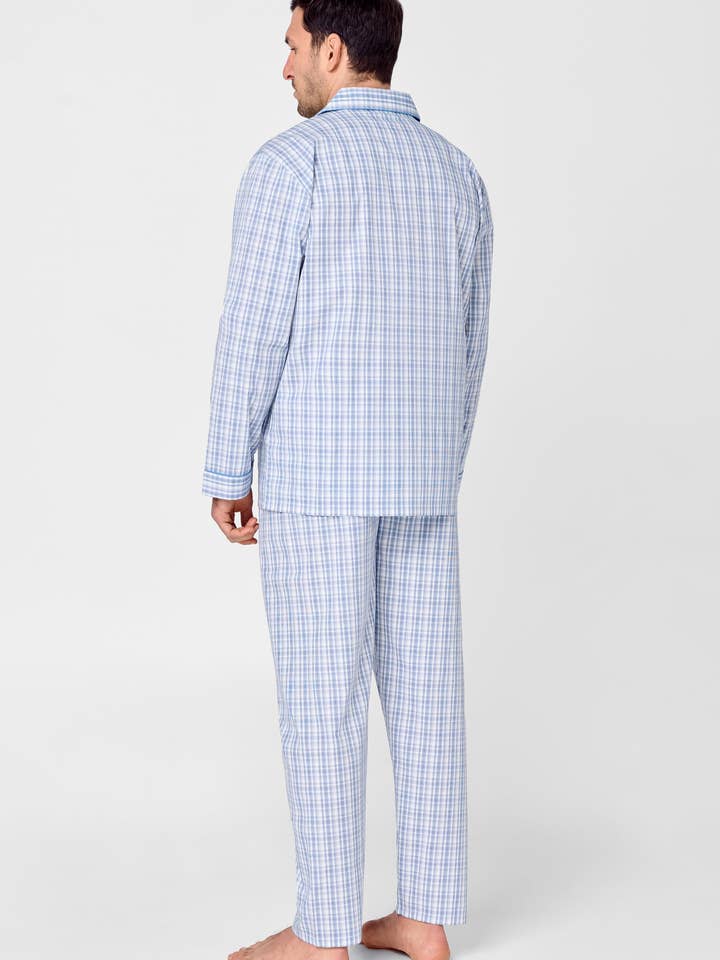 Men's Checkered Poplin Lapel Long Pajamas - Blue 2982 for wholesale on Faire2