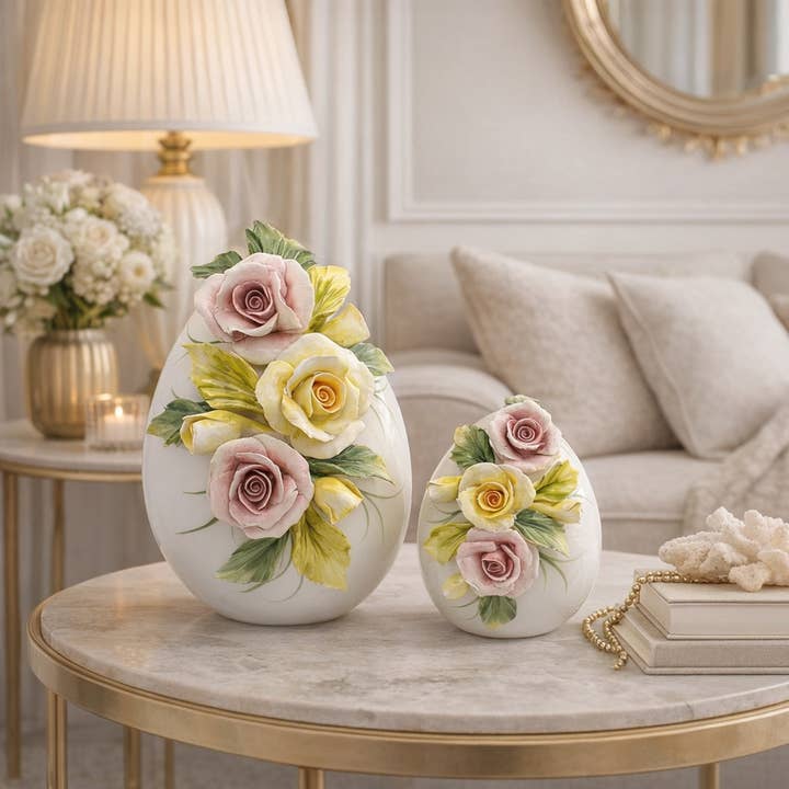 Italian Ceramic Rose Egg Set Starter 20cm & 13cm -10% Off per la vendita all'ingrosso da parte di LUEM ART ceramiche e porcellane di Capodimonte Made In Italy