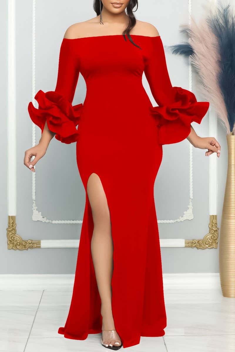 NINEXIS - Wholesale Gown - Women's - CWDMD1729_ONE SHOULDER SLIT RUFFLE SLEEVE EVENING MAXI DRESS5