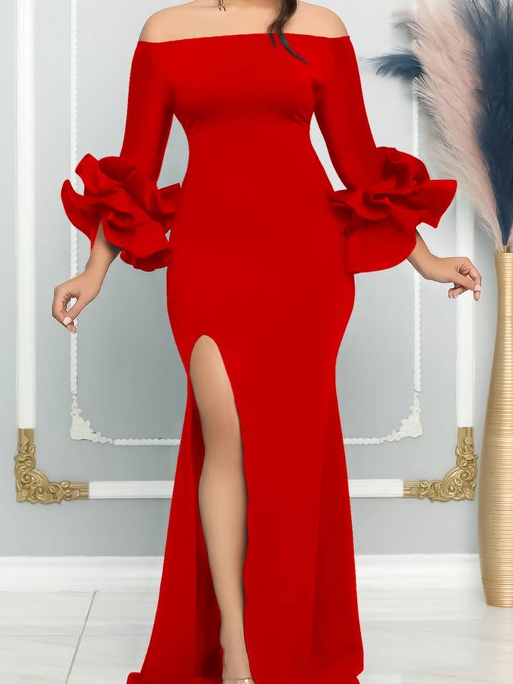 NINEXIS - Wholesale Gown - Women's - CWDMD1729_ONE SHOULDER SLIT RUFFLE SLEEVE EVENING MAXI DRESS16