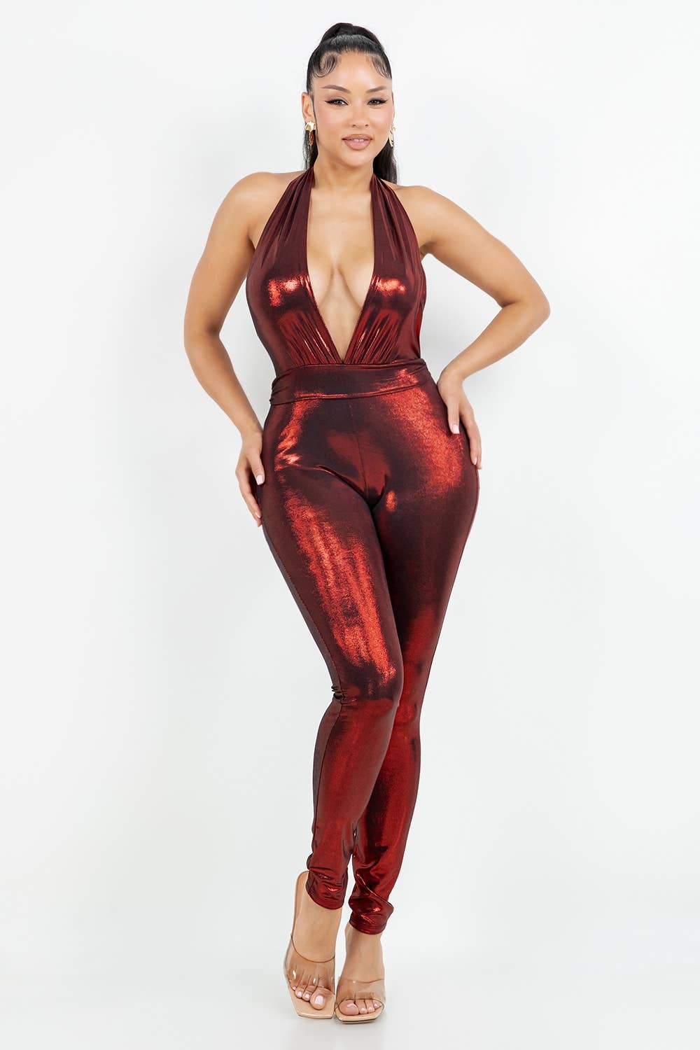 Uptown Apparel - Wholesale Jumpsuit - Women's - J8057 FOIL HALTER JUMPSUIT WITH TIE BACK0