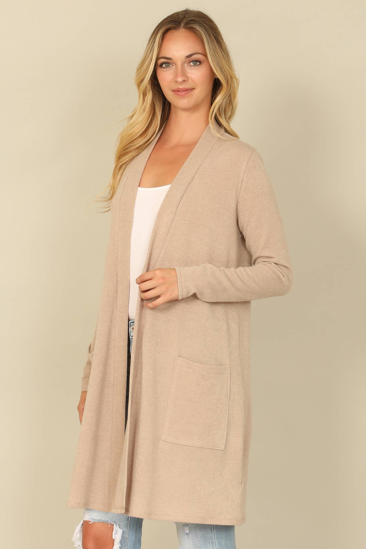 You & Me - Wholesale Cardigan - Women's - YMC30014V-SOLID LONG SLEEVE SIDE POCKET OPEN FRONT CARDIGAN13