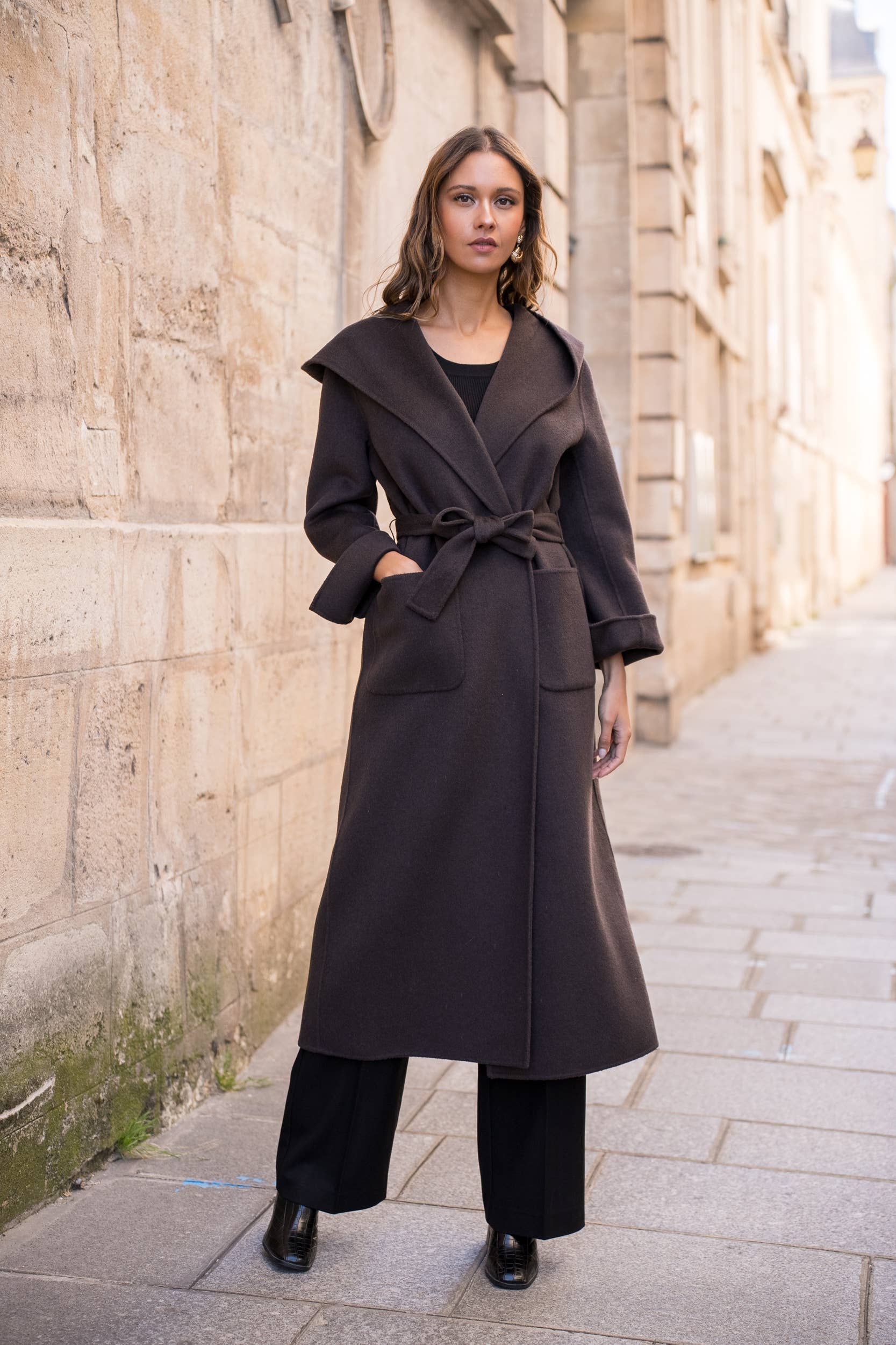 Attentif Paris - Wholesale Coat - Women's - Hand-sewn long wool coat with large hood and belt12
