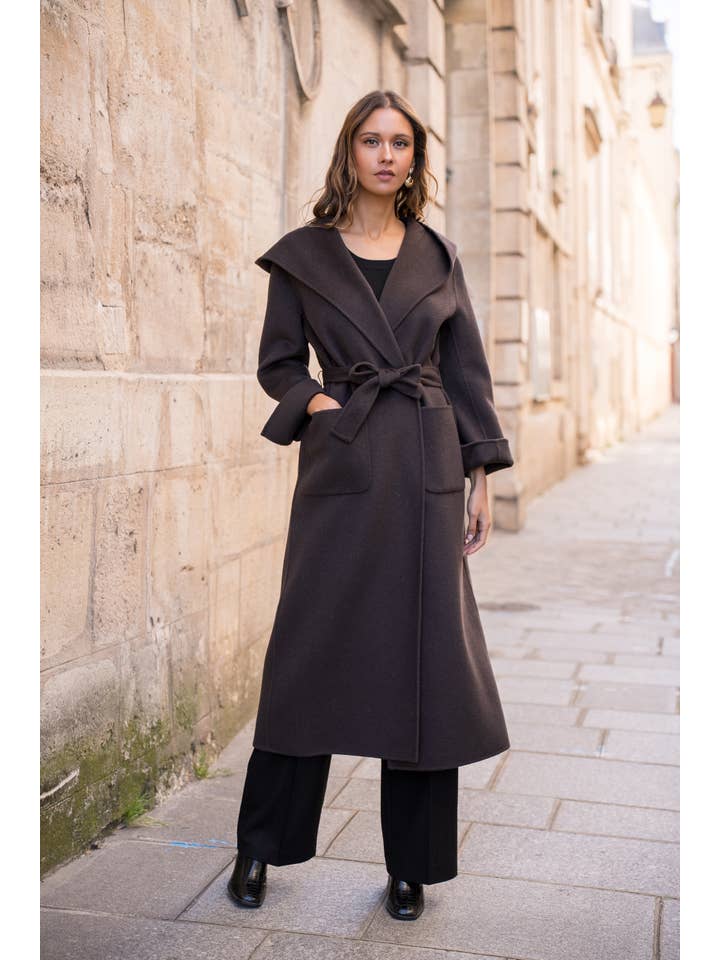 Attentif Paris - Wholesale Coat - Women's - Hand-sewn long wool coat with large hood and belt12
