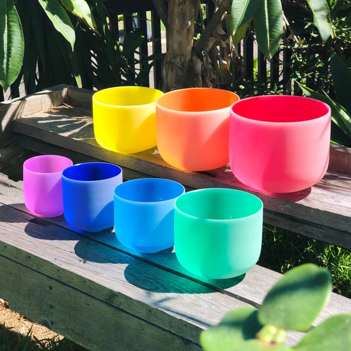 Set of 7 Rainbow Colour Crystal Singing Bowls in Carry Bags for wholesale by Rainbow Sounds