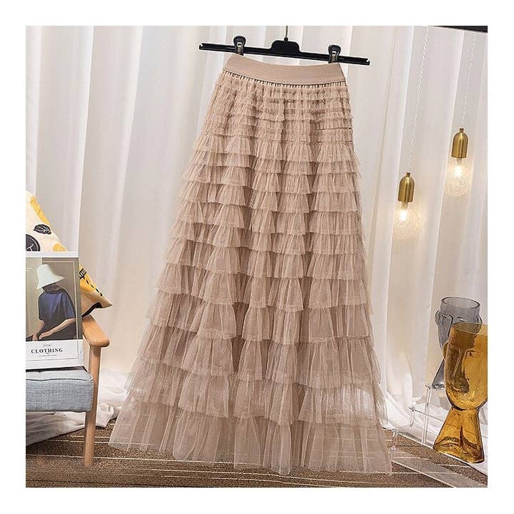 FurDecoration - Wholesale Skirt - Women's - Solid Color Organza Ruffle Hem Midi Skirt