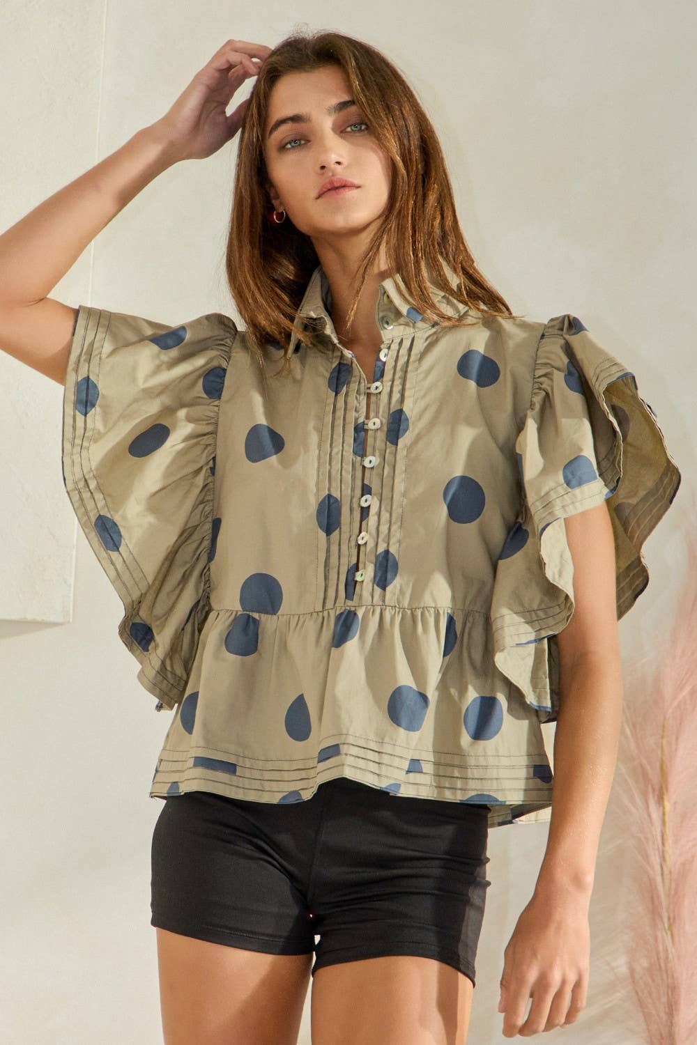 BUCKETLIST INC - Wholesale Blouse - Women's - IT2337 Ruffle Sleeves Pintuck Detail Polka Dot Print top29