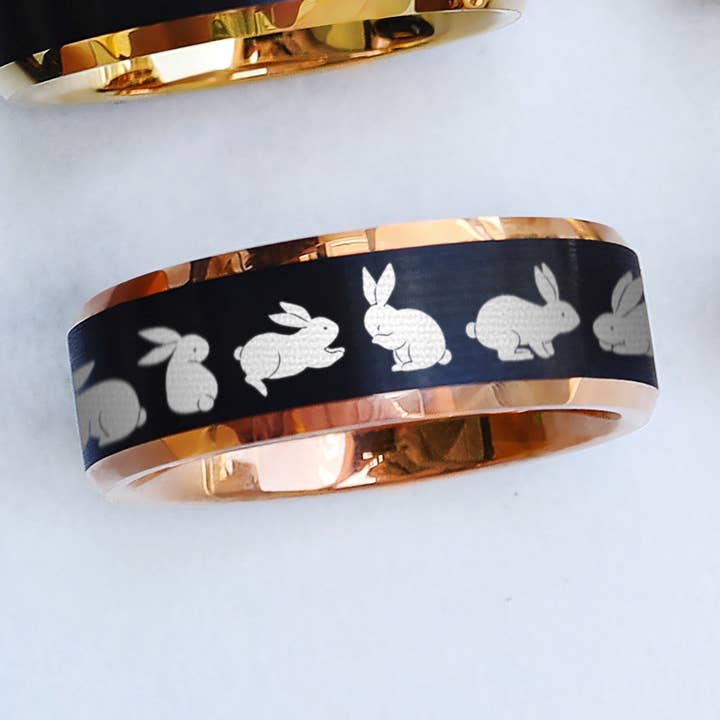 Engraved Black Tungsten Bunny Rabbit Ring - 8mm for wholesale by Veil