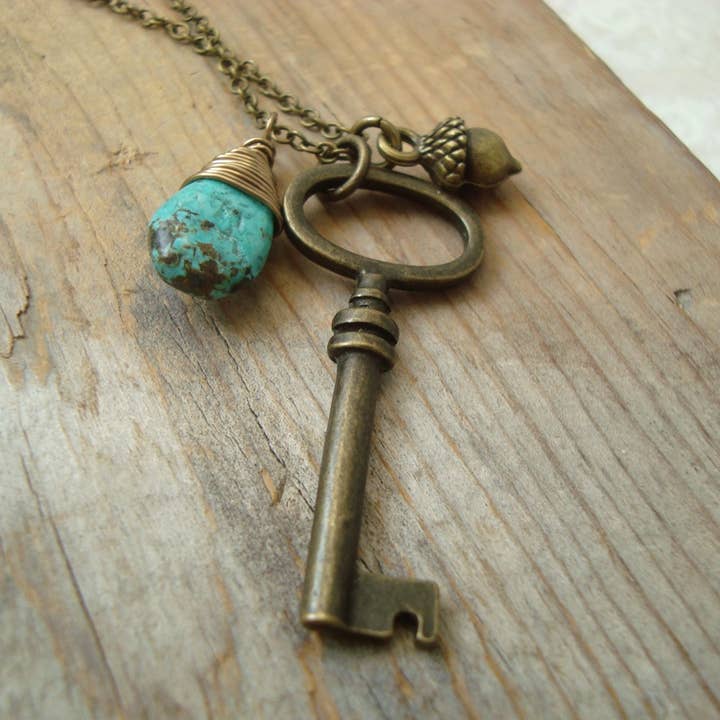 Fuchsia Bloom Studio - Wholesale Pendant/Charm Necklace - Brass Key Necklace With Turquoise and Acorn3