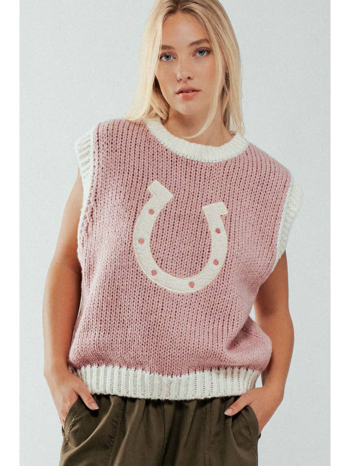 Urban Daizy - Wholesale Sweater Vest - Women's - Western Horseshoe Crochet Knit Ribbed Trim Sweater Vest7