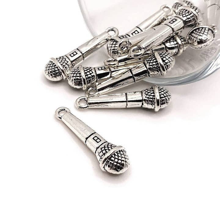 Silver Microphone Music 3D Charms, 25x8mm for wholesale by Guerrilla Charm