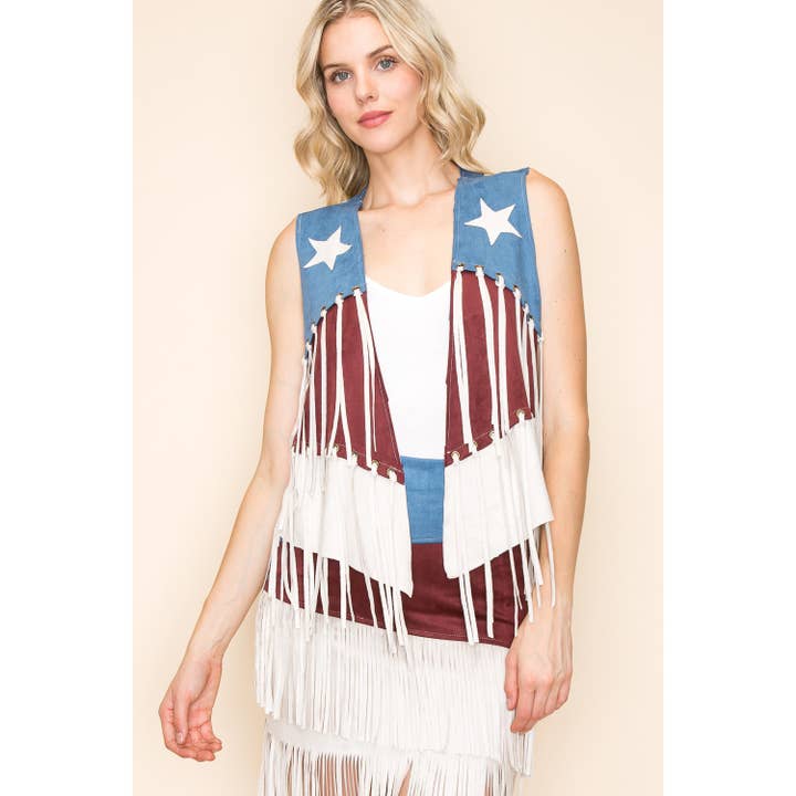 GILET MULTICOLORE EN DAIM À FRANGES À BORDS ARRONDIS AVEC ÉTOILES pour la vente par VOCAL