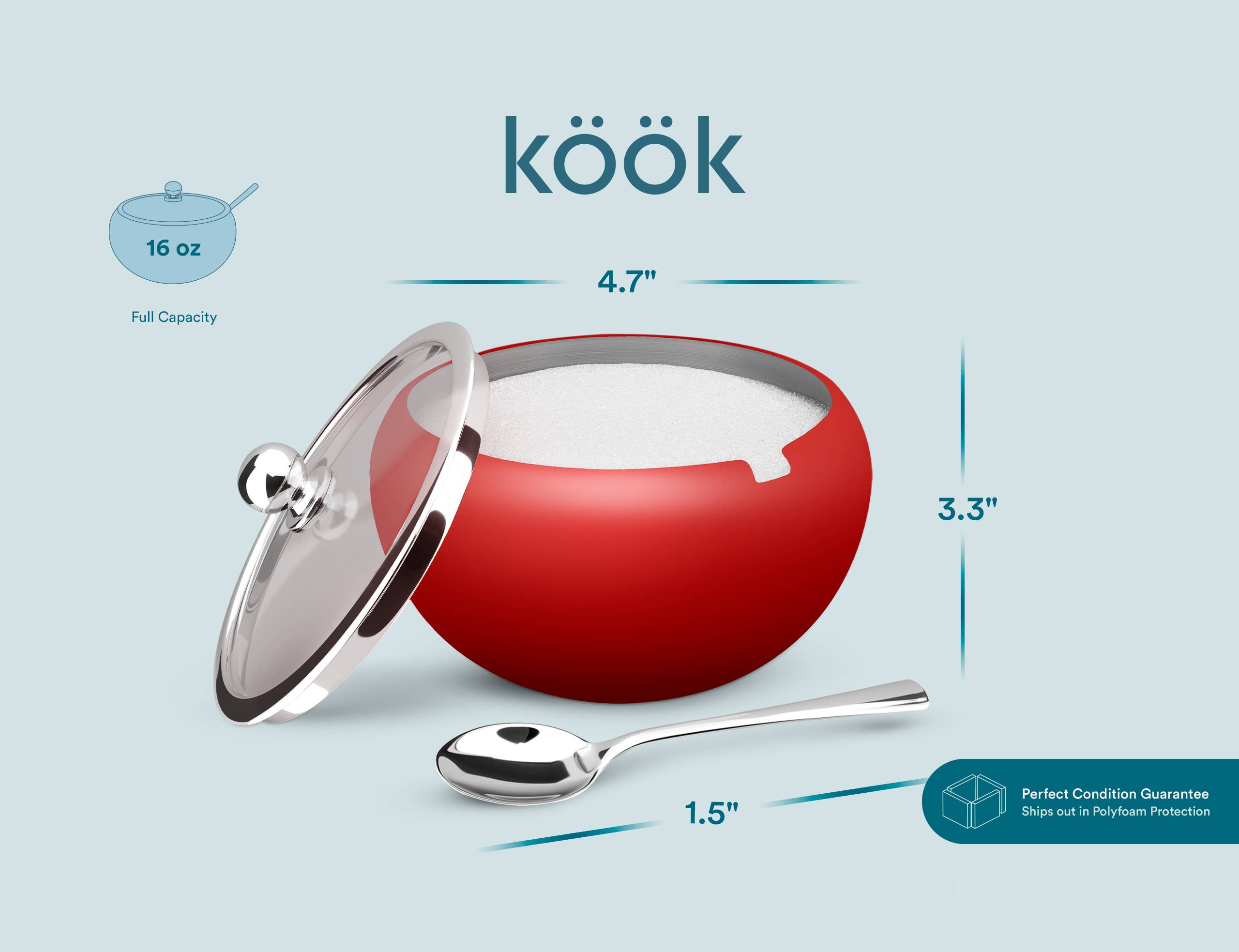 Kook - Wholesale Bowl - Kook Large Stainless Steel Sugar Bowl, Lid & Spoon, 16 oz18