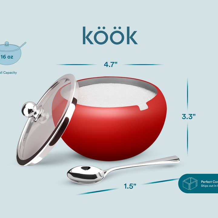 Kook - Wholesale Bowl - Kook Large Stainless Steel Sugar Bowl, Lid & Spoon, 16 oz18
