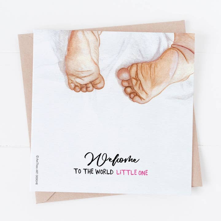 Welcome little one, new baby card, baby girl, baby’s feet for wholesale by AmTheo Art Designs