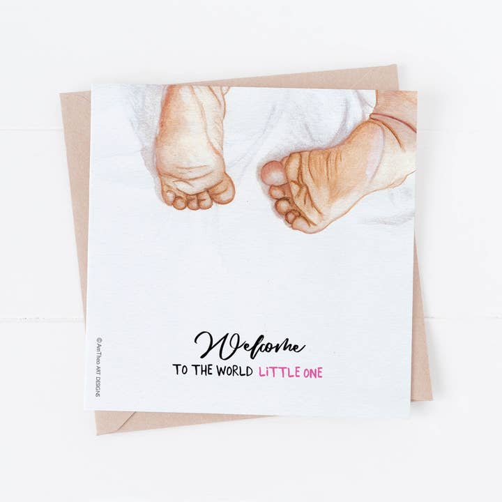 Welcome little one, new baby card, baby girl, baby’s feet for wholesale by AmTheo Art Designs