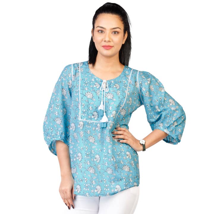 Women's Tunic - Blue and White Floral Print, Tie Strings for wholesale by The Indian Bazaar
