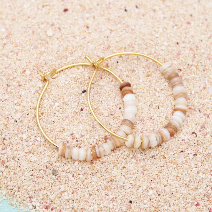 ZAD - Wholesale Hoop Earrings - Beach Days White Bead Gold Hoop Earrings