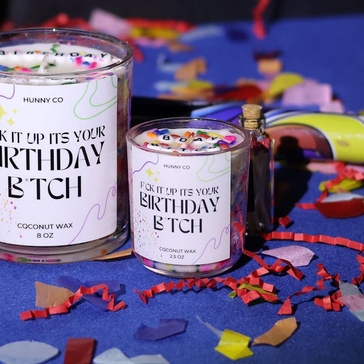 BIRTHDAY B*TCH CANDLE - 2.50 OZ CLEAR GLASS SOY WAX CANDLE for wholesale by Hunny Co