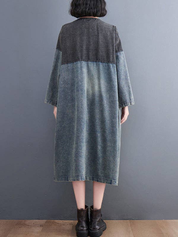 BLÅ Konstnärlig retro denim långa ärmar löst bundna split-joint trenchytterkläder för wholesale på Faire6