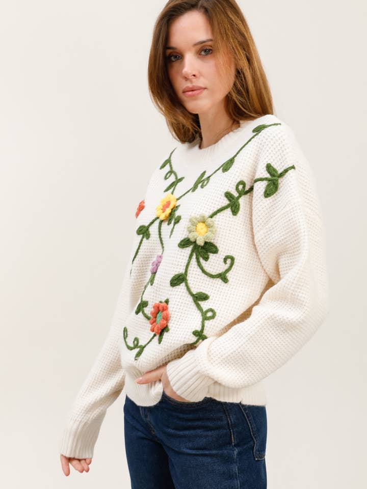 MOOYA - Wholesale Knit Sweater - Women's - Floral embroidery knit sweater - FM0014