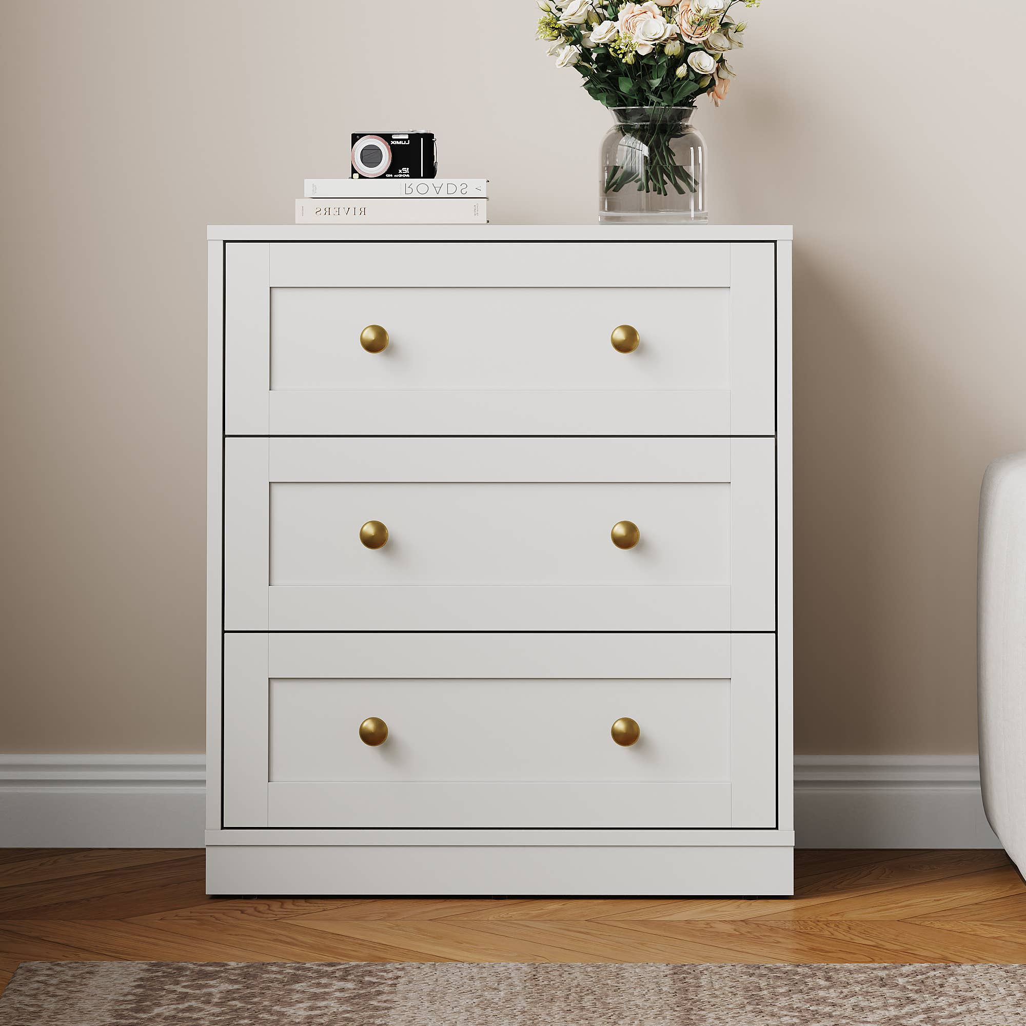 Heynemo - Vente Armoire - Table de chevet à 3 tiroirs, grande table de chevet avec rond doré0