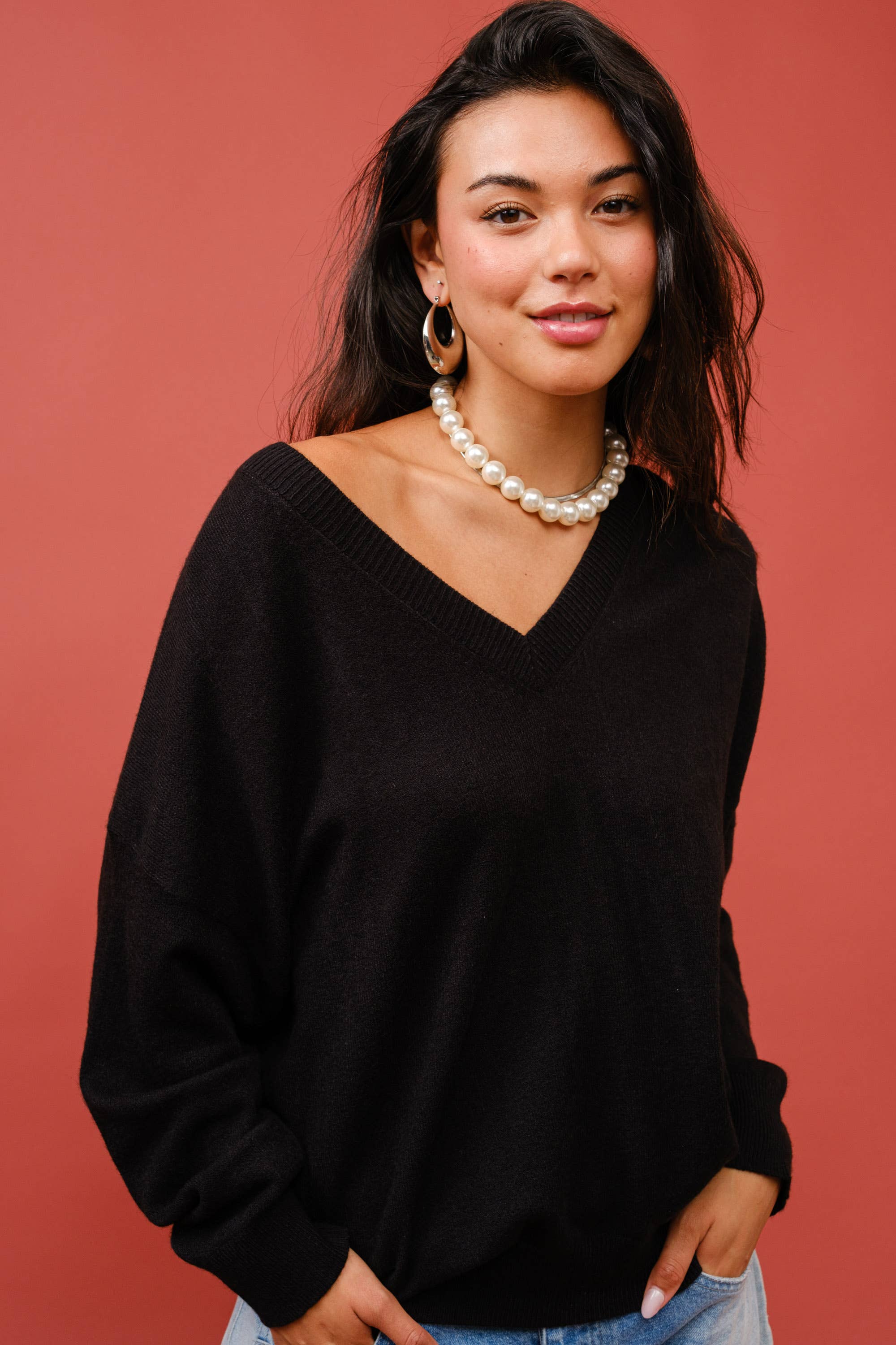 Signature 8 – Pulôver - Mulher por atacado – Suéter Oversized de Cashmere com Decote V e Mangas Longas S631220