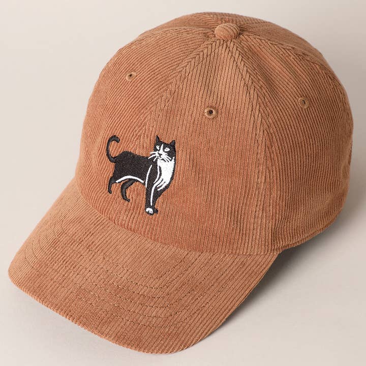 Fashion City - Wholesale Baseball cap – Unisex - Tuxedo Cat Embroidery Corduroy Baseball Cap