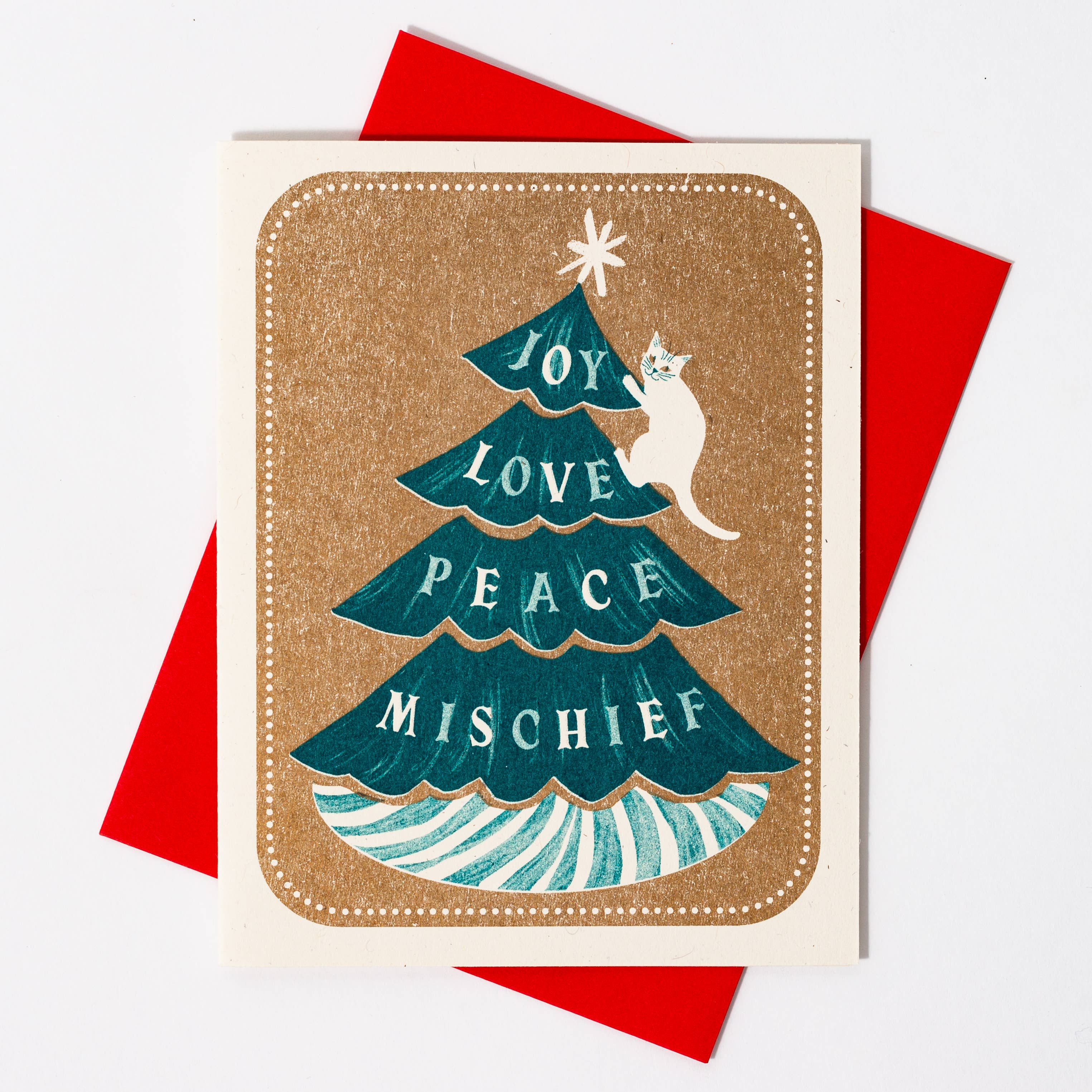 Bromstad Printing Co. – wholesale Christmas card – Joy Love Peace Mischief Cat - Risograph Christmas Card1