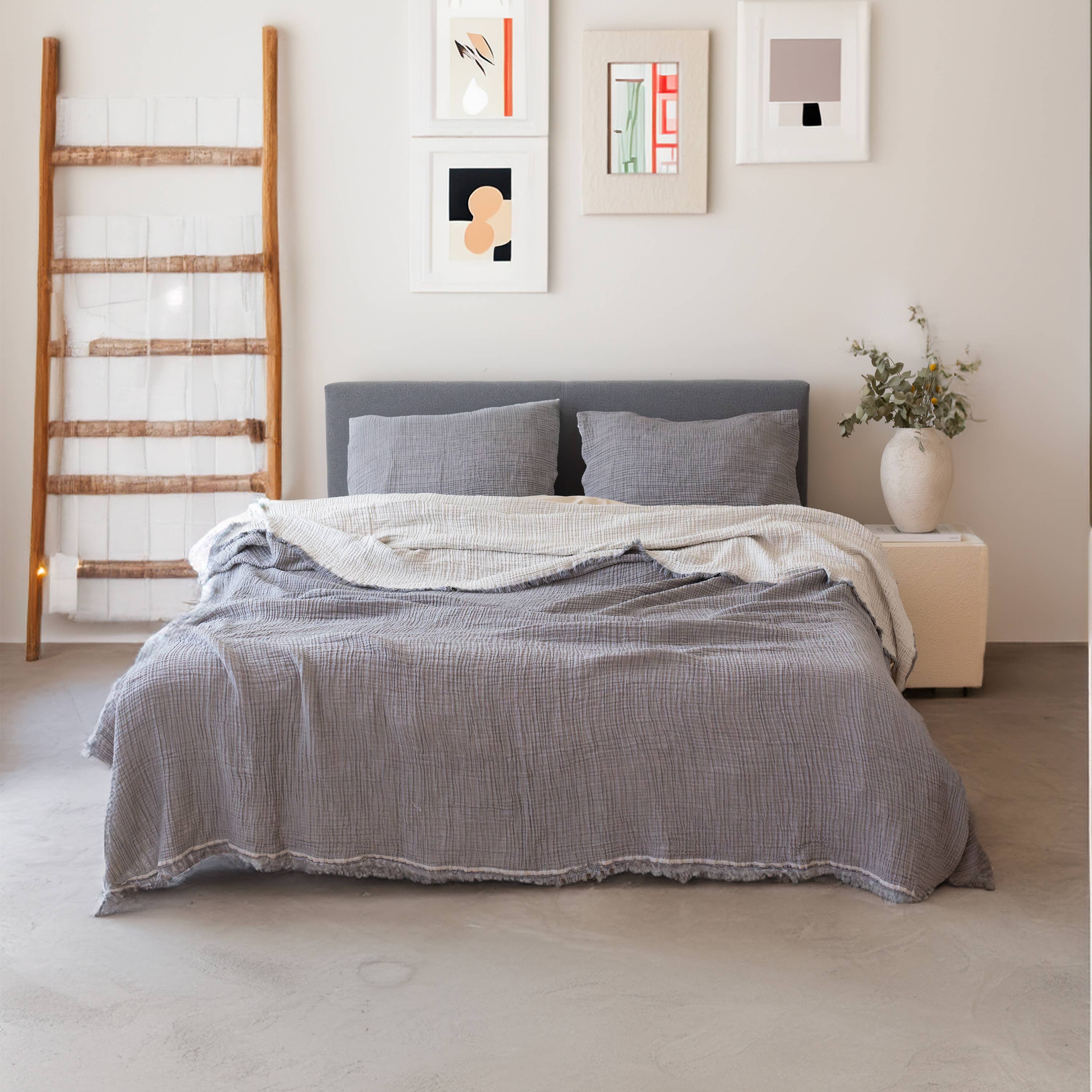 Vivamaison - Vente Plaids - Couvre-lit en mousseline frangé 100 % coton doux, 4 couches premium29