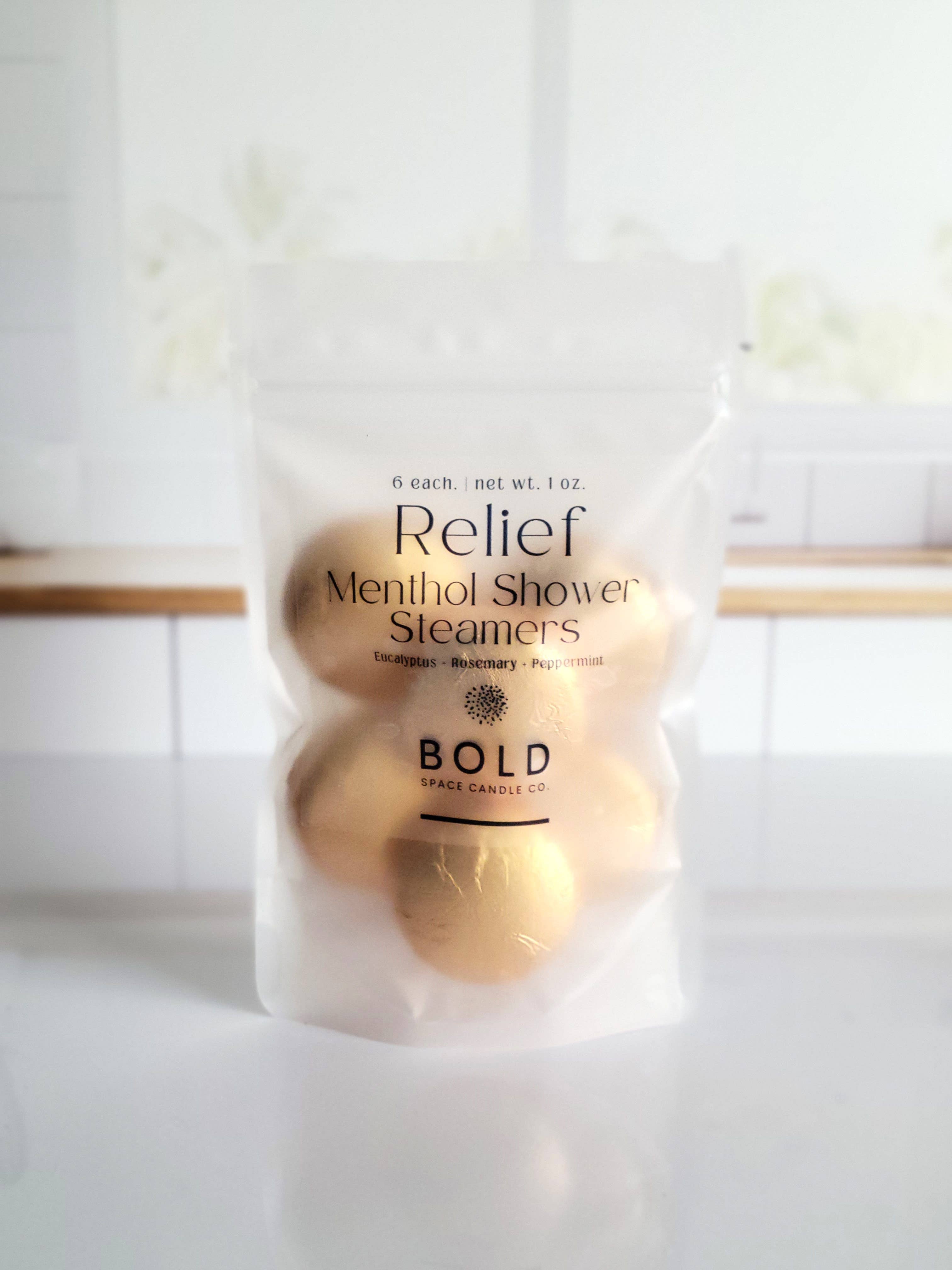 Bold Space Candle Co. - Vendita all'ingrosso Bombe/Compresse vaporizzanti da doccia - Relief – Pastiglie per doccia al mentolo con eucalipto e rosmarino - confezione da 62