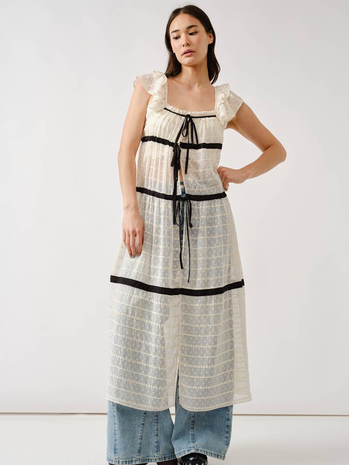 MAD3191 LONGLINE CONTRAST TIE TOP W/RUFFLE SLEEVE for wholesale by Aaron & Amber