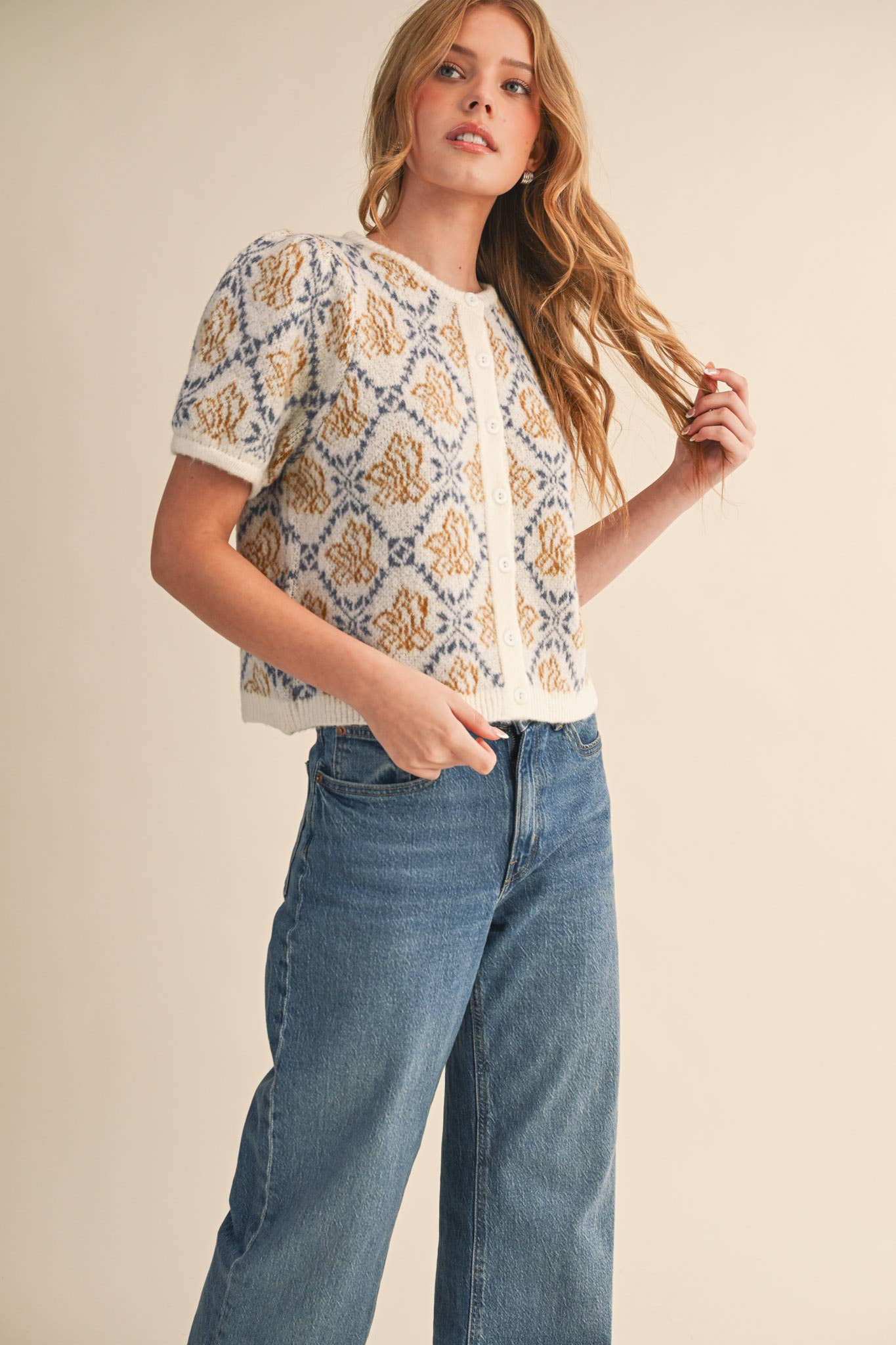 &MERCI - Wholesale Cardigan - Women's - FLORAL SHORT SLEEVE SWEATER CARDIGAN MSW1125817