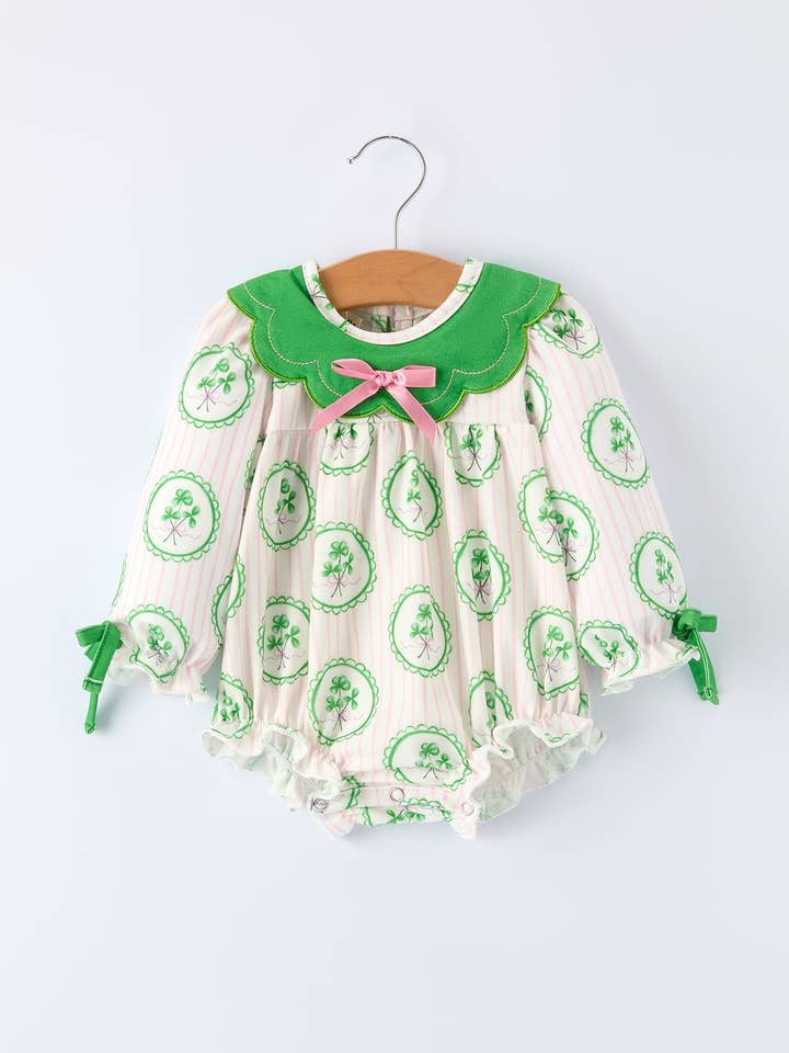 St. Patrick's Day Shamrock Striped Long Sleeve Baby Girl Romper for wholesale by Rylee Faith Designs