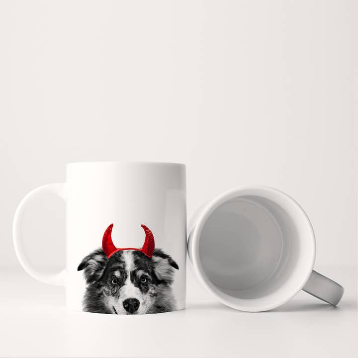 Perkie Prints - Wholesale Coffee Mug - Australian Shepherd Peeking 'Lil Devil' Halloween Mug