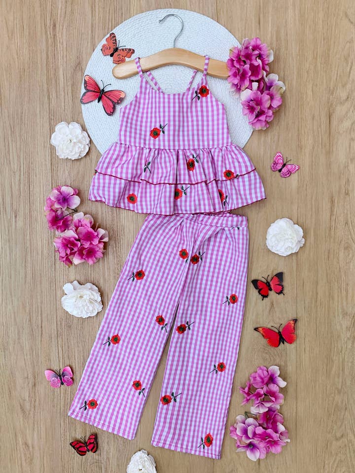 Lyserød Strandsblomst Gingham Broderet Peplum Top og Bukser Sæt for engroshandel på Faire2