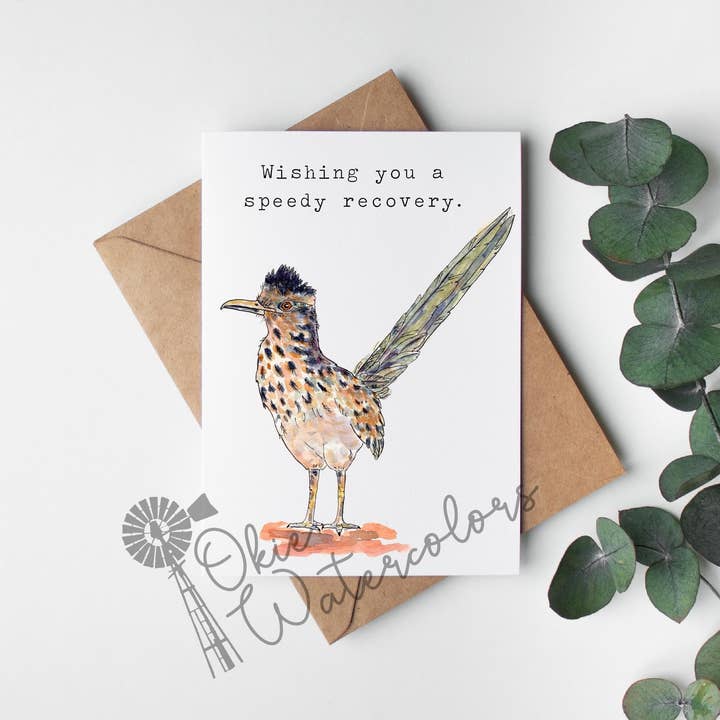 Okie Watercolors - Wholesale Get Well Card - Road Runner "Wishing You A Speedy Recovery." 5x7" Card
