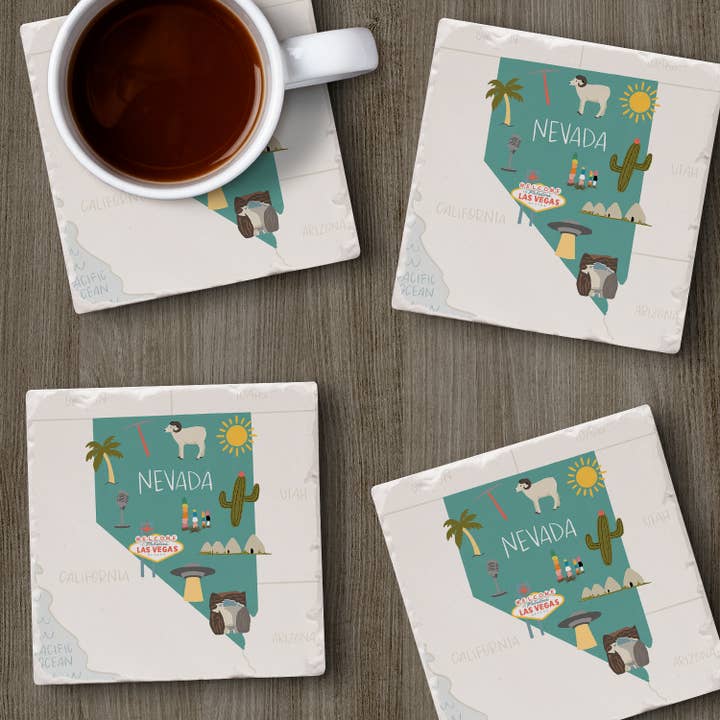 Conimar Promotions - Wholesale Coasters - "Nevada State Icons" 4 Pack Tumbled Tile Coaster Set 5