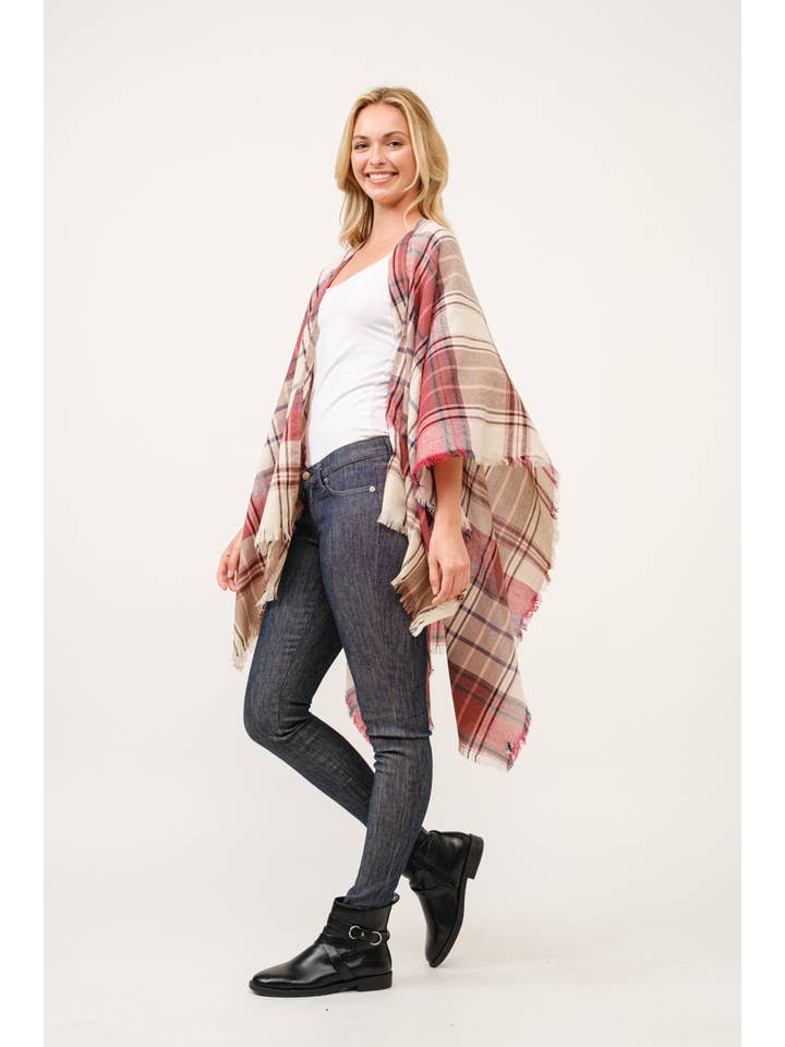 Raj Trading & Imports (USA) Inc. - Wholesale Kimono - Women's - Autumn Plaid Fringe Poncho Kimono Ruana4