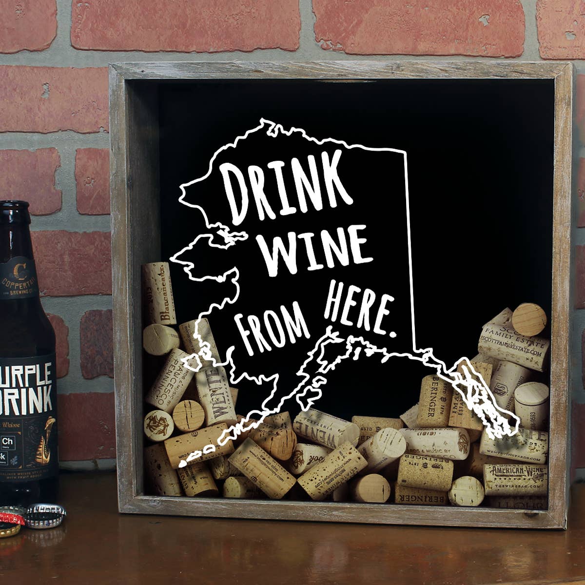 Torched Products - Wholesale Sign - Drink Wine From Here Beer Cap Shadow Box - Farmhouse Antique50
