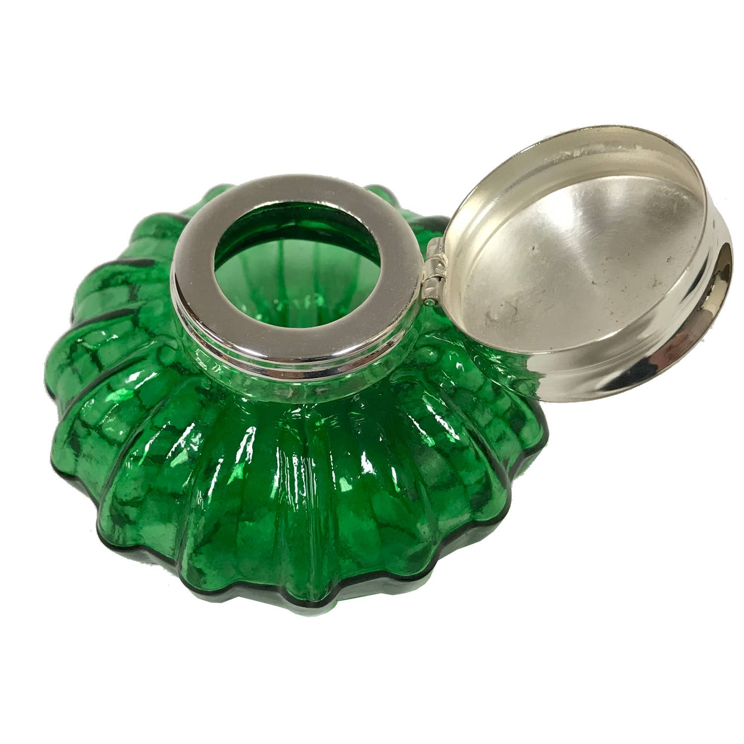 Madison Bay Co. - Historical Home Decor Reproductions - Wholesale Ink Pad - Green Swirl Glass Vintage Inkwell with Nickel Plated Lid, 3"1