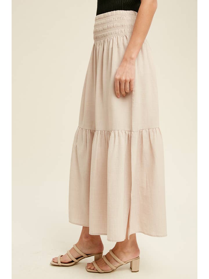 Champagne Smocked Waist Tiered Midi Skirt for wholesale on Faire
