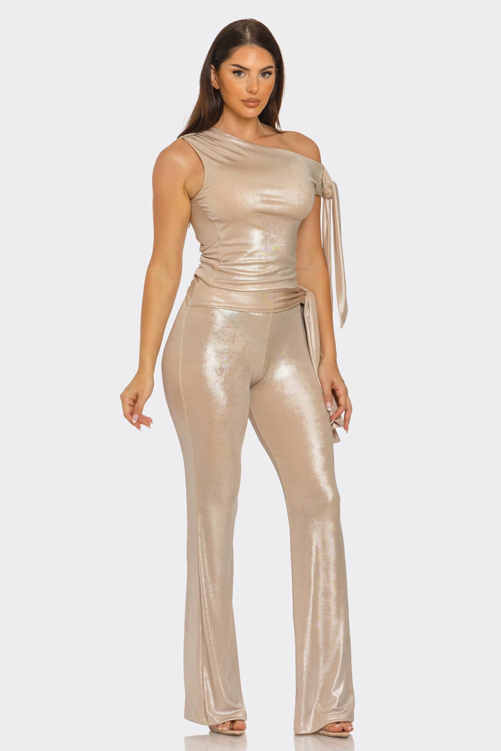 Julia by LoveJ – wholesale Top & pants set (NOT Loungewear) – Women's – Asymmetrical Shoulder Shirring Tie Top Pants Set1