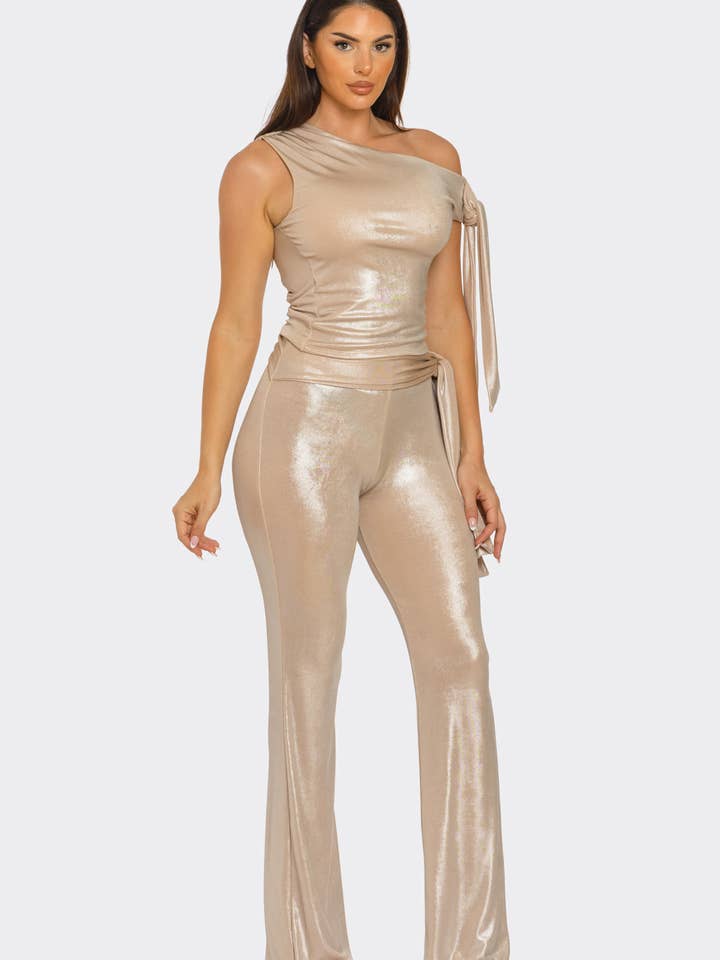 Julia by LoveJ - Wholesale Top & Pant Set (NOT Loungewear) - Women's - Asymmetrical Shoulder Shirring Tie Top Pants Set1