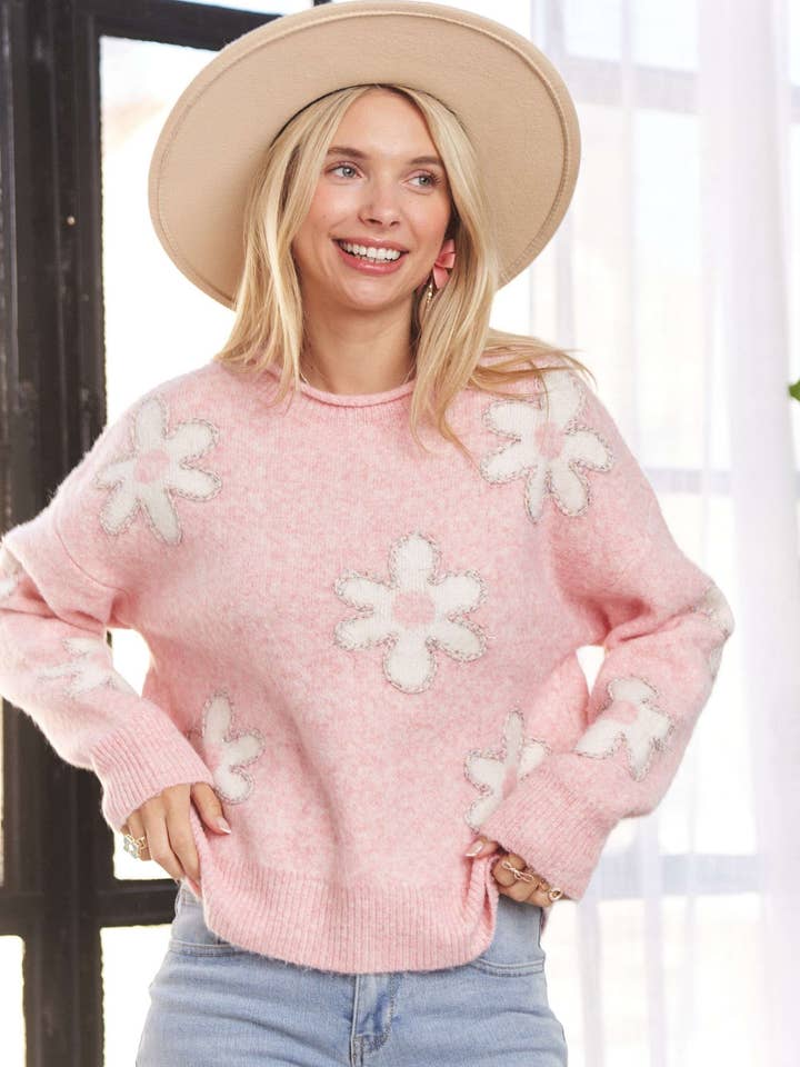 LESW3581-LUREX EDGE FLOWER COMFY SWEATER TOP for wholesale by Madelyn