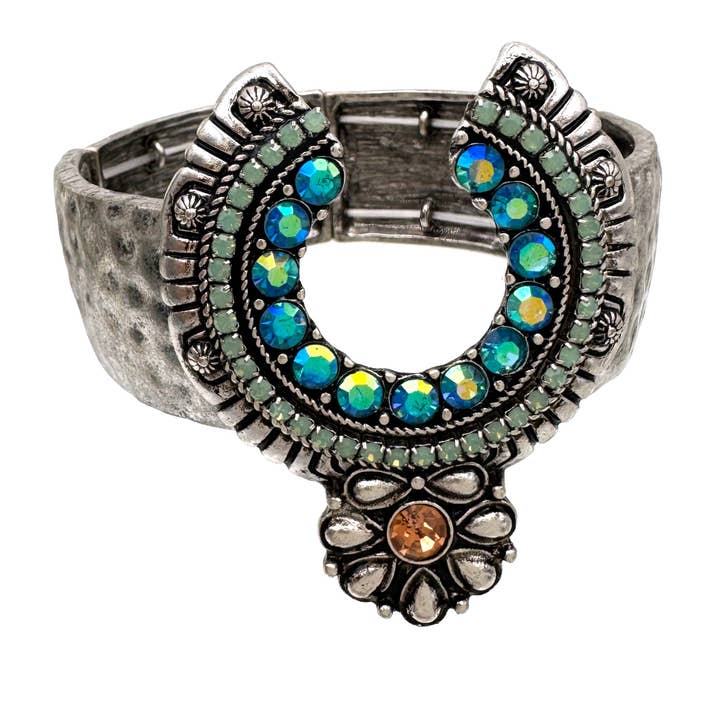 Large Flower Blue Green Rhinestone Western Stretch Bracelet for wholesale by Lunar Deer