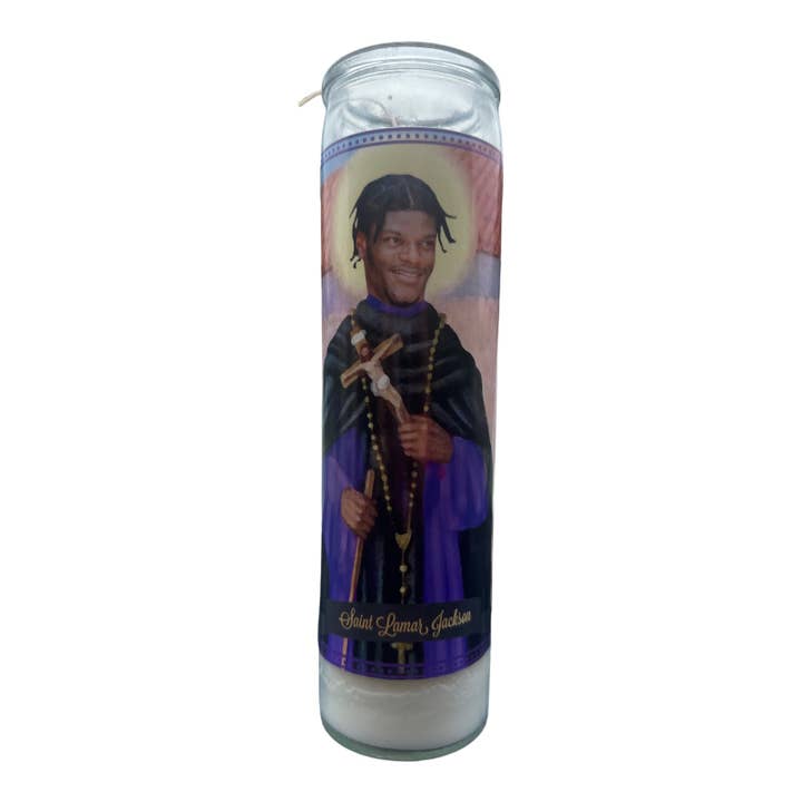 Lamar Jackson Devotional Prayer Saint Candle for wholesale by The Luminary and Co.