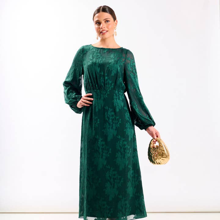 Grünes Jacquard-Midikleid mit langen Ärmeln für den Großhandel von Needs No Label