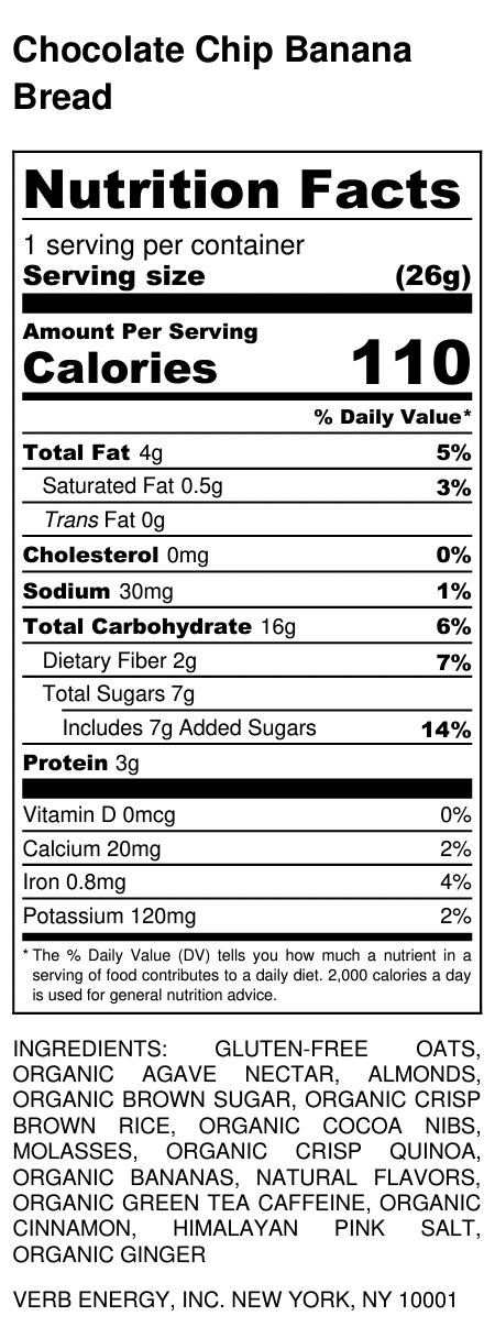 Verb Energy - Wholesale Snack Bar - Caffeinated Snack Bar, Chocolate Chip Banana Bread5